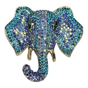 Elephant Crystal Brooch Pin Aqua Blue Gold Tropical Nature Glam Bling Retro